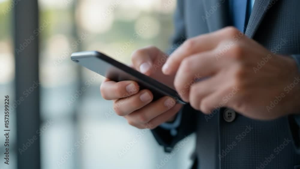 Businessman uses his smart phone in his office with glass background or window view