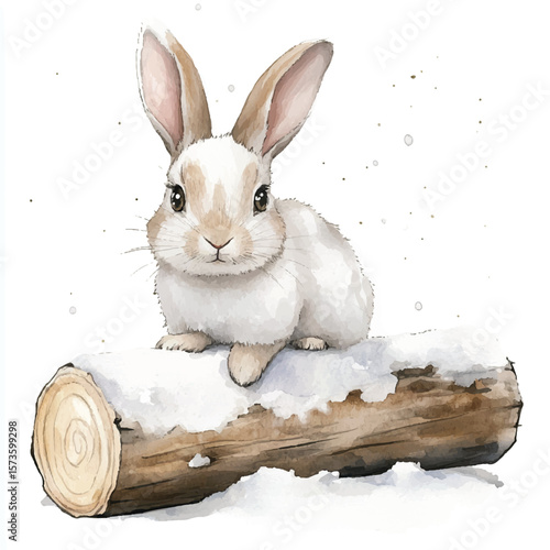 Adorable Watercolor Bunny Resting on Snowy Log (1)