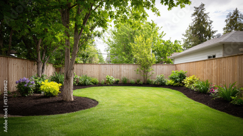 Backyard with lush green grass and contrasting dark mulch beds surrounding trees and colorful shrubs under cloudy sky