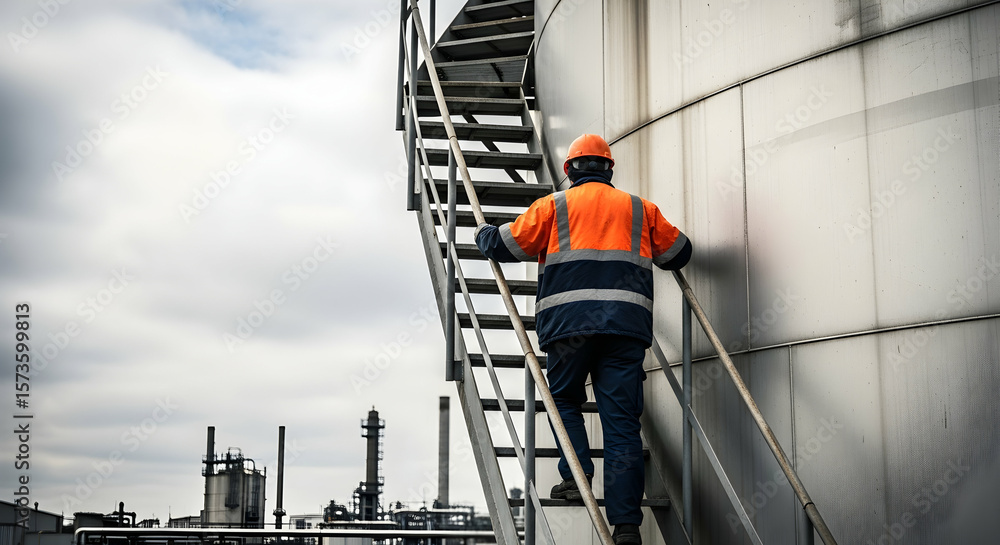 Fototapeta premium Worker Climbing Stairs at an Oil Refinery Tank - Industrial Safety and Operations