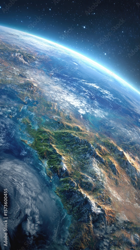 Fototapeta premium Earth from space showing vibrant blue oceans, green and brown mountainous terrains, white cloud