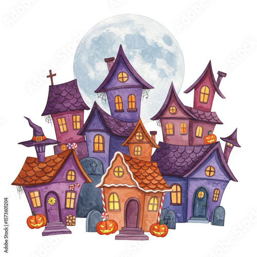 Watercolor Illustration of Spooky Halloween Houses Under Moonlit Night Sky