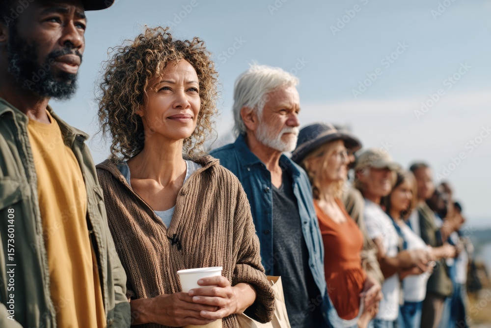 Obraz premium A long queue of diverse people waiting patiently at a community food distribution center