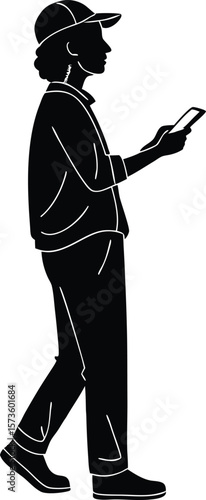 Mobile Usage Icon Set – Young Man Walking While Looking at Smartphone Silhouette Illustration