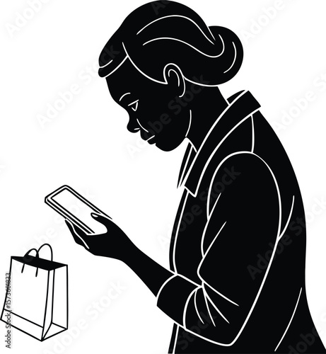 Online Shopping Icon Set – Woman Thinking About E-commerce While Using Smartphone Silhouette Illustration