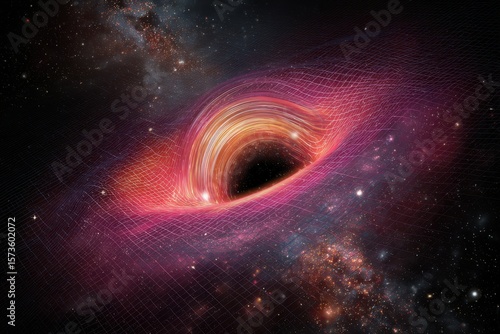 This digital illustration depicts a black hole at the center of a galaxy, distorting the surrounding space with its powerful gravitational pull.