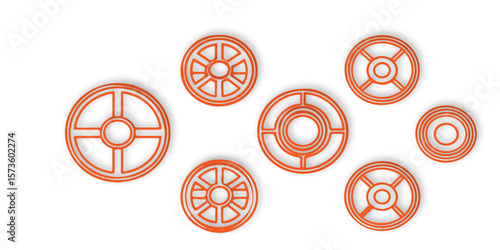  collection of orange circular shapes with varying internal designs on a white background surface arrangement is minimal and modern.