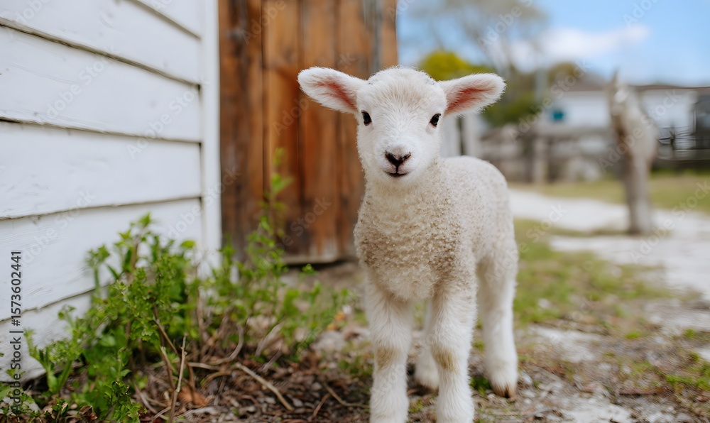Fototapeta premium An extremely cute and mini lamb with fluffy and soft white wool is standing on the ground, and there are some small vegetation on the ground. 