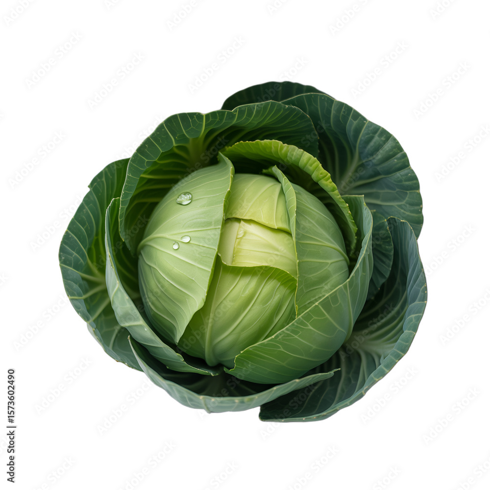 Fototapeta premium Fresh Green Cabbage with Water Droplets isolated on a transparent background