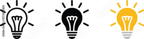 Bright Light Bulb Icons: Idea, Innovation & Creativity Symbols for Inspiration.