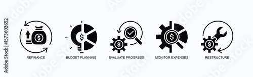 Financial Flow Icon Set Isolated Vector With Icon Of Refinance, Budget Planning, Evaluate Progress, Monitor Expenses, Restructure In Glyph Style