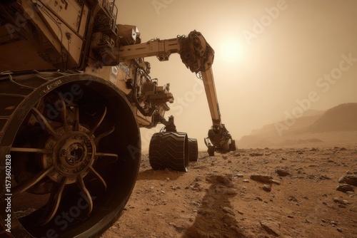 A high-resolution scene of a Mars rover's robotic arm on the ground, ready for exploration.