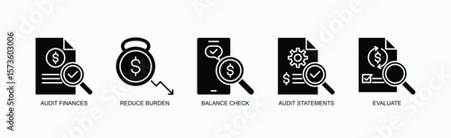 Financial Clarity And Control Icon Set Isolated Vector With Icon Of Audit Finances, Reduce Burden, Balance Check, Audit Statements, Evaluate In Glyph Style