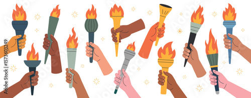 Diverse hands holding flaming torches symbolizing unity and the olympic spirit
