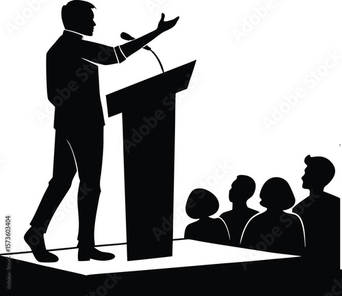 Public Speaking Icon Set – Speaker at Podium Addressing Audience Silhouette Illustration