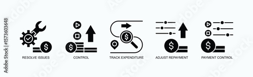 Fintrack Icon Set Isolated Vector With Icon Of Resolve Issues, Control, Track Expenditure, Adjust Repayment, Payment Control In Glyph Style