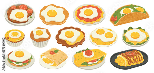 Collection of various delicious breakfast dishes featuring fried eggs and other ingredients