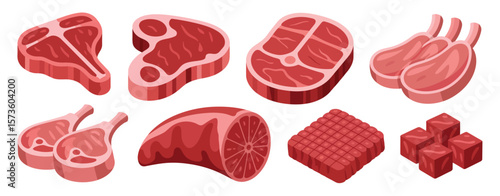 Collection of isometric raw meat cuts including steaks and chops on white background