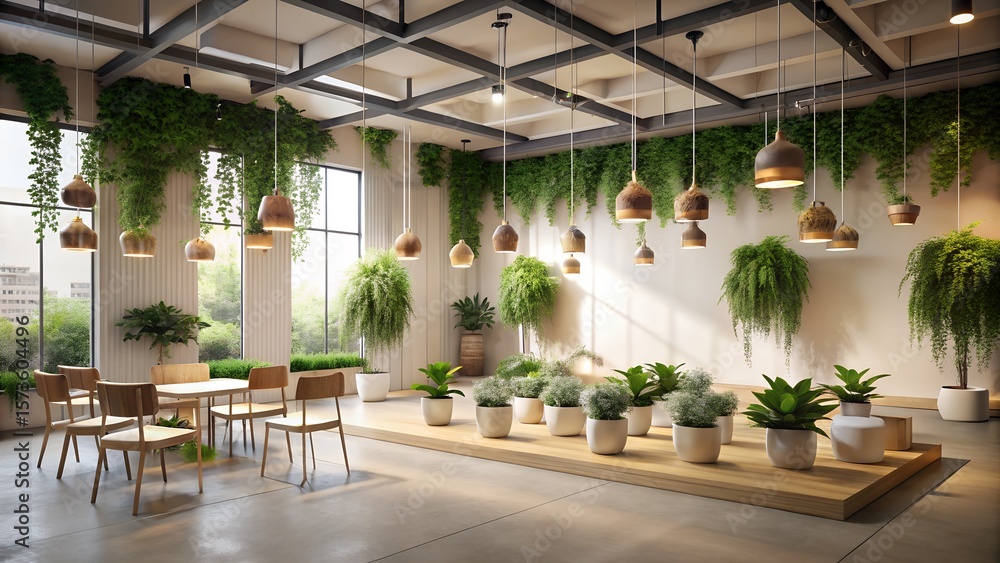 Fototapeta premium Bright office space with hanging plants and seating area