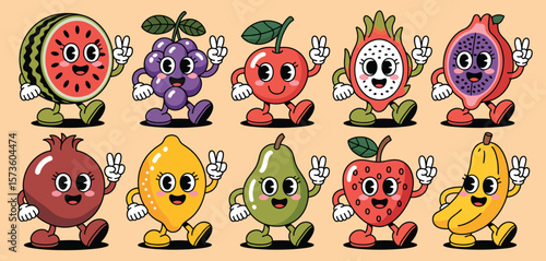 Collection of happy cartoon fruits characters with peace signs on a light background