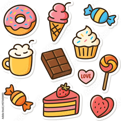 Cute dessert collection is perfect for delicious design, featuring a donut, ice cream, cake, chocolate, cupcake, candy and other sweet icons.