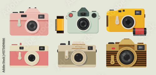 Collection of six retro and vintage style cameras with film rolls illustration
