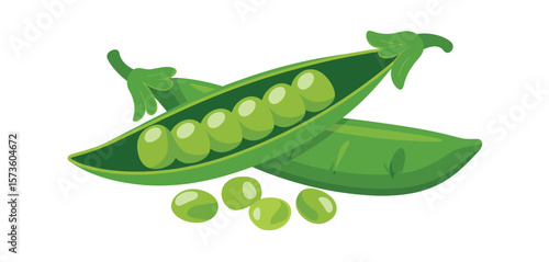 Fresh green peas in a pod with loose peas scattered around