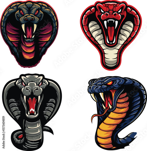 set of fierce cobra emblem design features a bold red color palette and menacing fangs, making it perfect for branding, gaming, or sports teams.