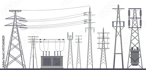 Collection of diverse electricity pylons and a transformer against a white background