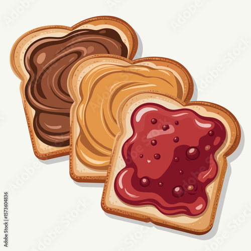 Three slices of toast with peanut butter jelly and chocolate spread