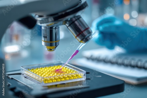 A scientist using a pipette to add fluorescent dye into a microscope slide with a yellow substance, focusing on the details of the experiment.