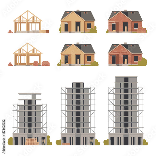 Stages of construction for houses and high rise buildings on white background