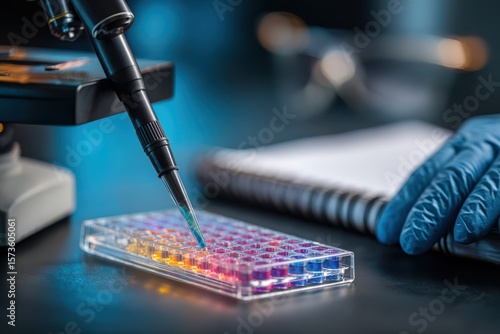 A scientist pipetting fluorescent dye into a microscope for research and analysis in a laboratory setting.