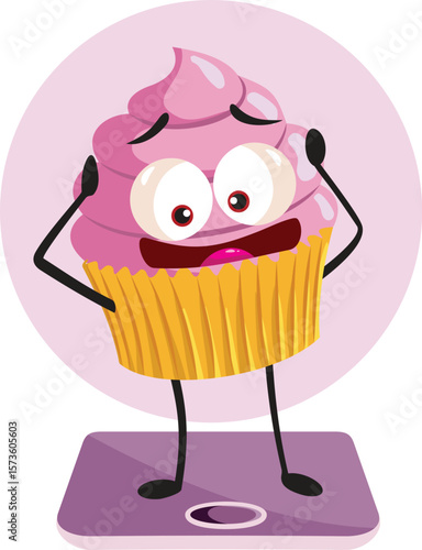 Funny Worried Cupcake Weighing Itself on a Scale Vector Cartoon. Desperate muffin feeling concerned about weight and calories 
