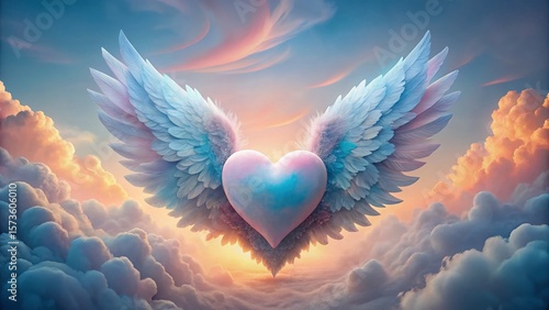 Angelic Heart with Delicate Wings - Soft Pastel Dreamy Background Stock Photo