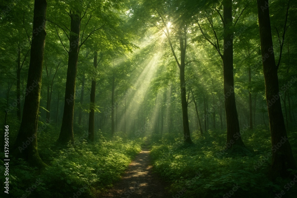 Naklejka premium Sunlit Forest Scene with Beautiful Natural Light and Greenery