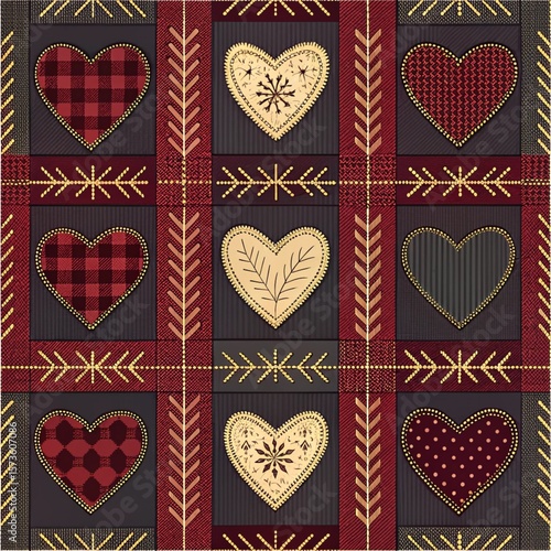 Rustic Quilted Heart Pattern with Plaid and Folk Details