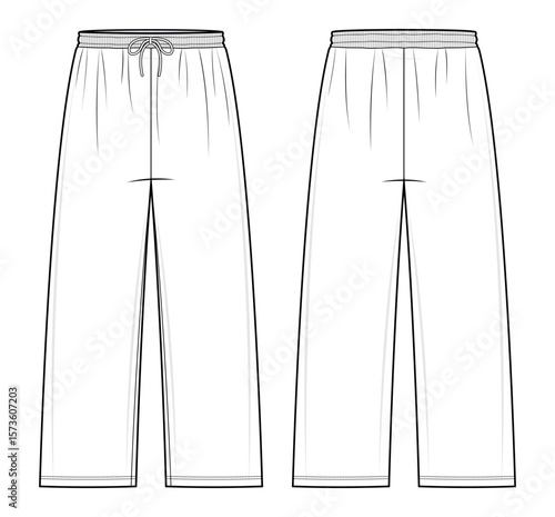 Classic Men’s Straight-Leg Sweatpants Technical Fashion Flats. Relaxed Fit Jogger Pants Vector Template. Front and Back design. Minimalist CAD Mockup set.