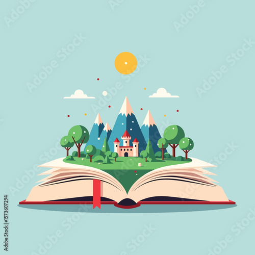 Open book reveals a whimsical landscape with a castle nestled in mountains.