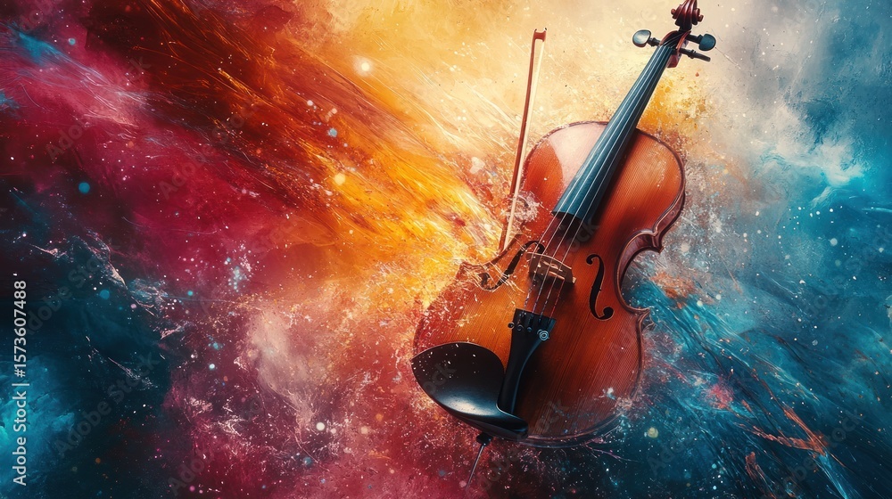 Fototapeta premium a vibrant artwork showcasing a violin bathed in a cosmic array of celestial colors and nebulous forms creating an ethereal and musically rich atmosphere