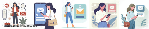 Business Women Using Smartphones for Email and Online Messaging – Flat Design Illustration