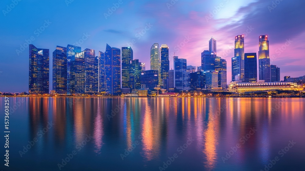 Fototapeta premium urban cityscape at twilight reflecting in the calm waters captures the architectural marvels and vibrant energy of the city under a captivating sky