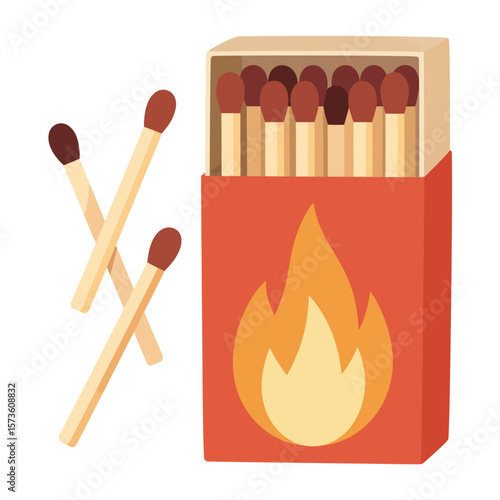 Matchbox with Wooden Matches and Fire Icon