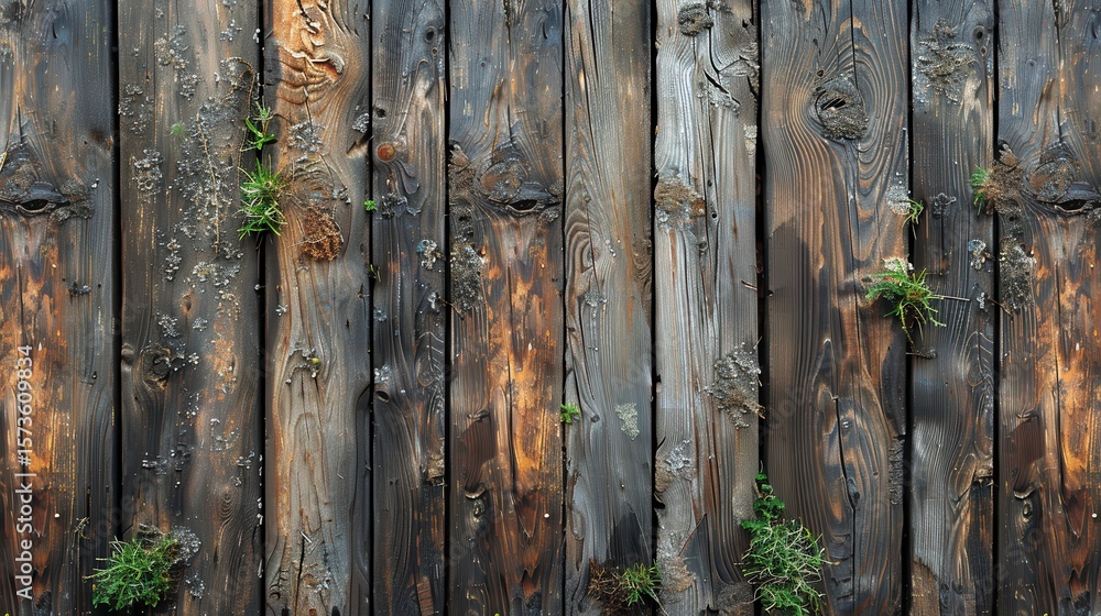 Fototapeta premium Weathered wood fence with small plants growing in the gaps, vertical planks, rustic texture