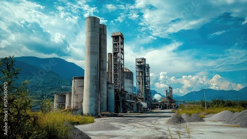 Industrial cement plant nestled in a mountain valley under a partly cloudy sky