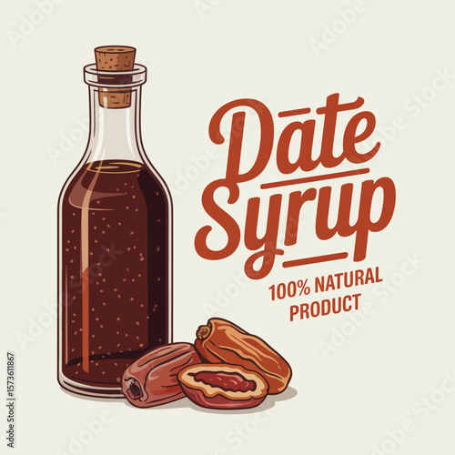 Bottle of natural date syrup with whole and halved dates and text