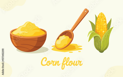 Illustration of corn flour in a bowl and spoon with a corn cob