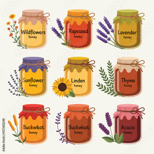 Collection of nine jars of honey with different floral and herbal varieties