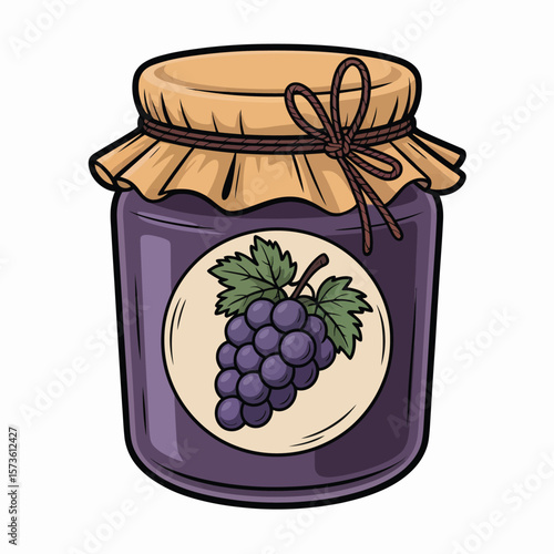  Jar of delicious homemade grape jam with a rustic cloth lid
