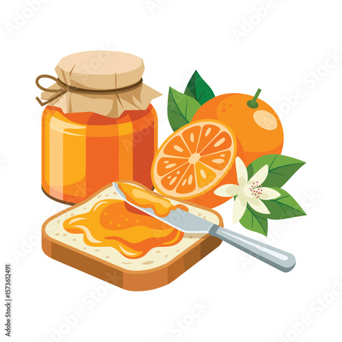 Jar of orange marmalade spread on toast with fresh oranges and flower